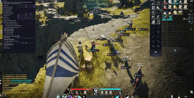 Aion 2 combat-ready hotbar and chat log with Kinah rewards while the On task cheat bot panel remains visible