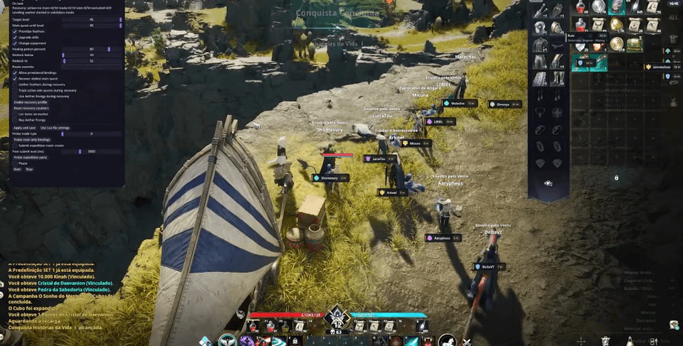 Aion 2 cheat gameplay with leveling bot panel open beside players on a sunny cliff overlooking a valley