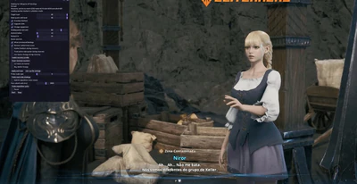 Aion 2 cheat menu with Abyss-ready leveling settings while characters stand in a dark rocky zone